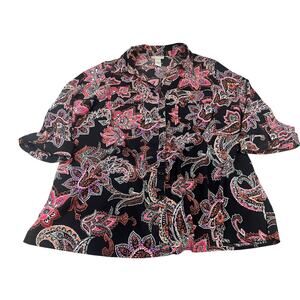 Catherines 0X 14/16 W Paisley Button Front Blouse Black Pink Purple 3/4 Sleeve